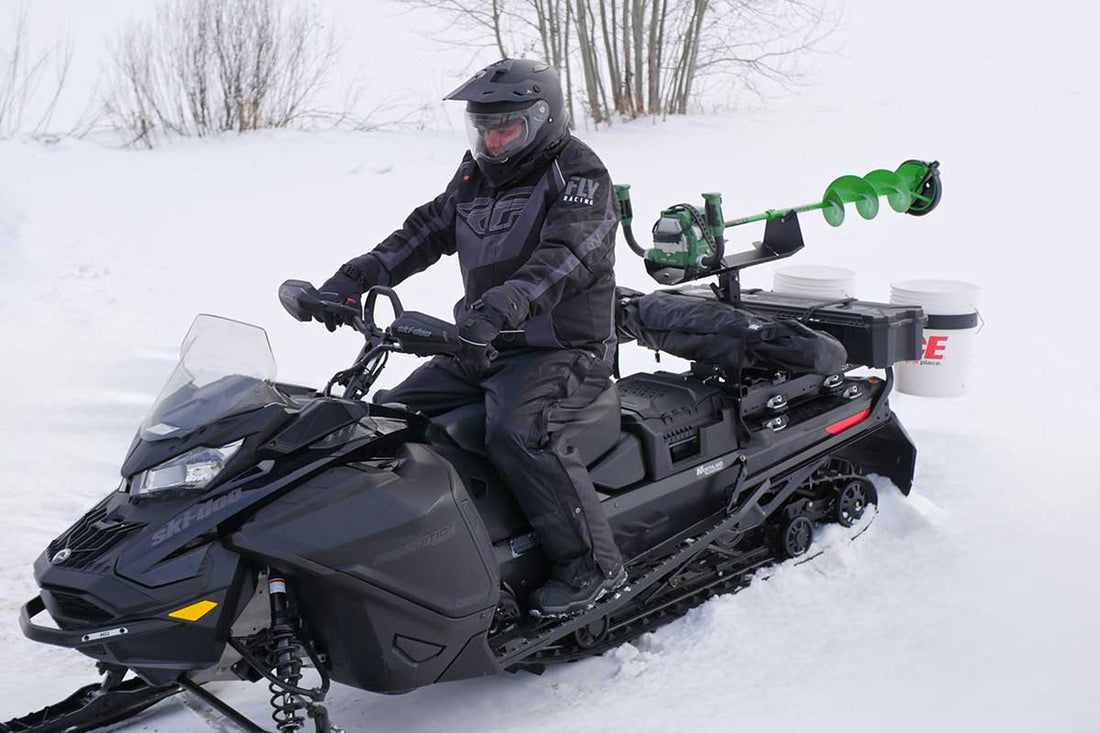 Snowmobile Ice Fishing Setup: Auger, Rods, Bucket, Shelter