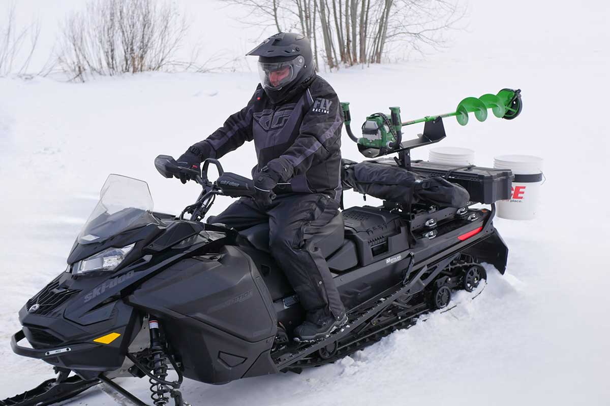Snowmobile Ice Fishing Setup: Auger, Rods, Bucket, Shelter